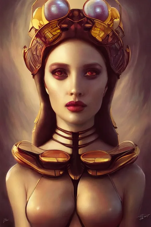 Image similar to portrait of an elegant alien bee woman queen, straight on portrait, by artgerm, tom bagshaw, gerald brom, vaporwave colors, lo - fi colors, vaporwave, lo - fi, moody vibe, goth vibe, 4 k, hd,