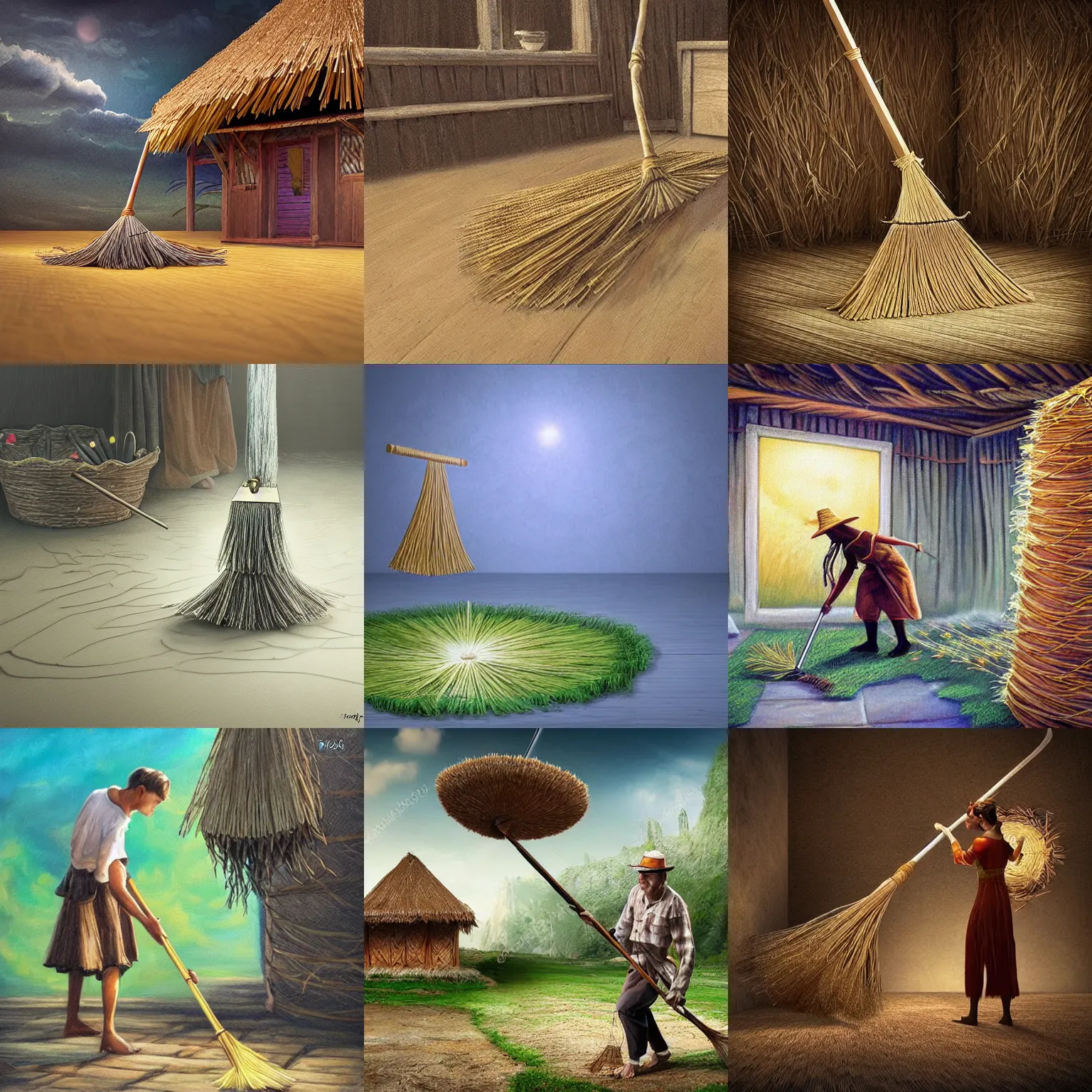 Prompt: fantasy art of an enchanted floating straw broom that is sweeping the floor of a hut, photorealistic