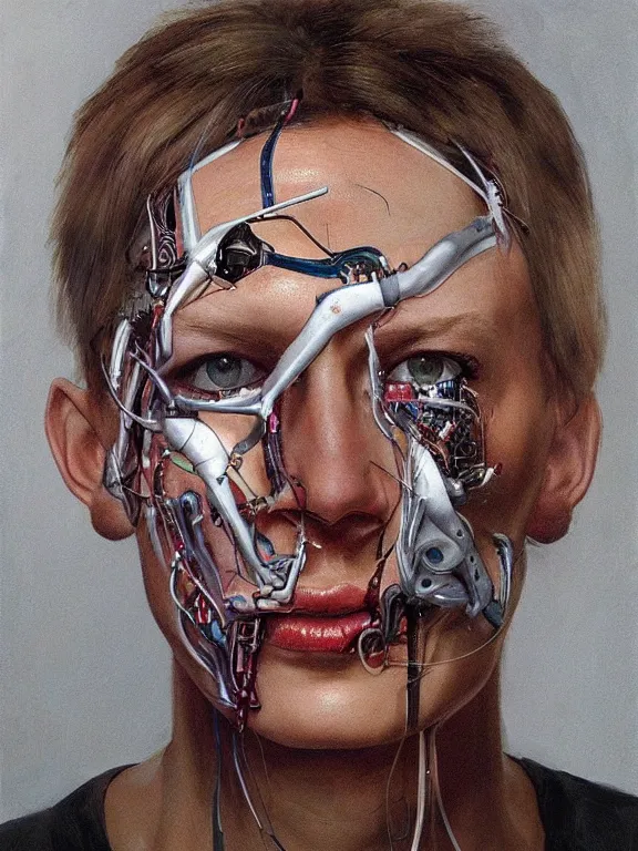 Image similar to cybernetic implants on face, metal jaw, usb port on forehead, portrait by jenny saville