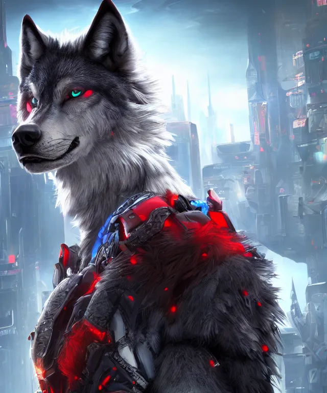 Image similar to portrait of a male anthropomorphic dark gray wolf with red hair and blue eyes in a futuristic city, hyper detailed, digital art, trending in artstation, cinematic lighting, studio quality, smooth render, unreal engine 5 rendered, octane rendered, art style by pixar dreamworks warner bros disney riot games and overwatch.