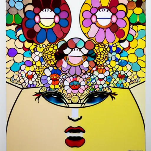 Prompt: melancholic by takashi murakami. the illustration is an abstract portrait of a woman. the woman's face is divided into two halves, one half is black & the other is white. the woman's eyes are large & staring. the illustration is full of energy & movement.