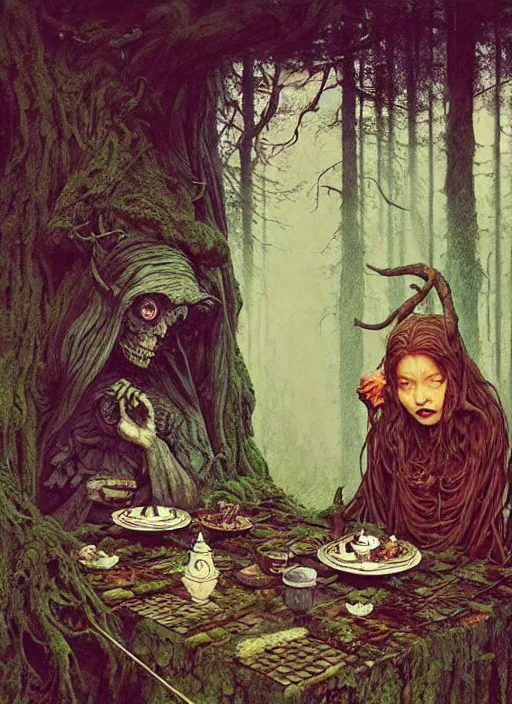 Image similar to witch having tea at a shrine in the woods gorgeous lighting, lush forest foliage a hyper realistic painting by chiara bautista and beksinski and norman rockwell and greg rutkowski weta studio, and lucasfilm