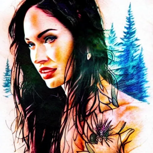 Image similar to realistic tattoo sketch of megan fox face double exposure effect with a mountain scenery, in the style of matteo pasqualin, amazing detail, sharp, faded