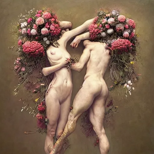 Image similar to two bodies entwined, covered by flowers, by arcimboldo, greg rutkowski