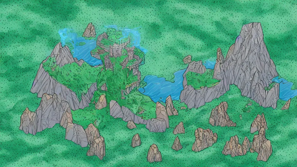 Image similar to Aerial view of a wizard tower surrounded by: 1 an ice cave to the west 2 a fire cave to the east 3 a emerald mine to the north and 4 a diamond mine to the south, lineart, colored