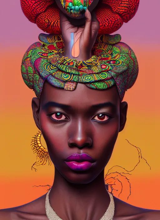 Image similar to pretty african model with hallucination mushroom : : by martine johanna and simon stalenhag and chie yoshii and casey weldon and wlop : : ornate, dynamic, particulate, rich colors, intricate, elegant, highly detailed, vogue, harper's bazaar art, fashion magazine, smooth, sharp focus, 8 k, octane render,