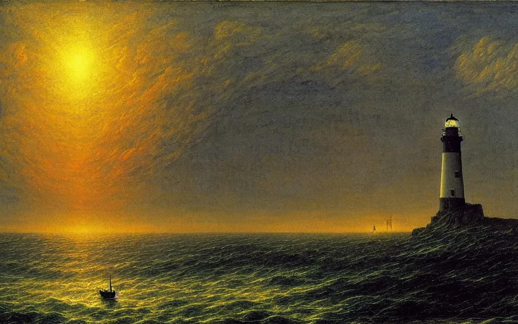 Image similar to a lighthouse in the middle of the ocean, painting by Caspar David Friedrich, gothic art, apocalypse landscape, atmospheric, nightscape, highly detailed