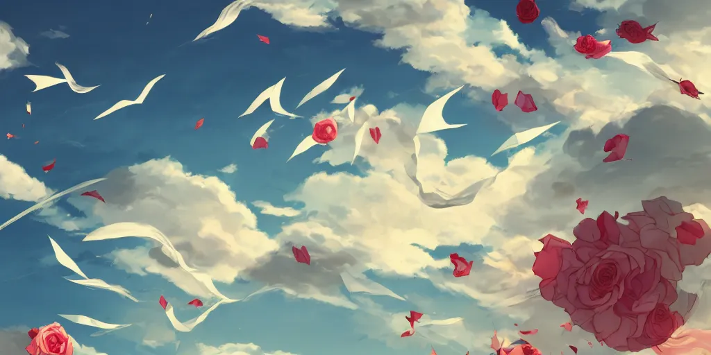 Image similar to background art of flying longswords flowing and floating through the slicing through directional wind on a simple cloudy sky background, big puffy clouds, large individual rose petals, angular background elements, polygonal fragments, anime, studio ghibli, artgerm, manga, trending on artstation, art nouveau, mature color scheme