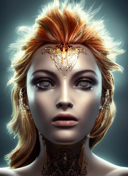 Prompt: beauteous practical sumptuous tattood beautiful face, crystal, gold, copper, bronze biomechanical with incredible iridescent pearlescent voluminous neon hair, crystalline masterpiece incrustations, hyperdetailed face, elegant pose, movie still, intricate, octane render, cinematic forest lighting, unreal engine, crepuscular rays, god rays