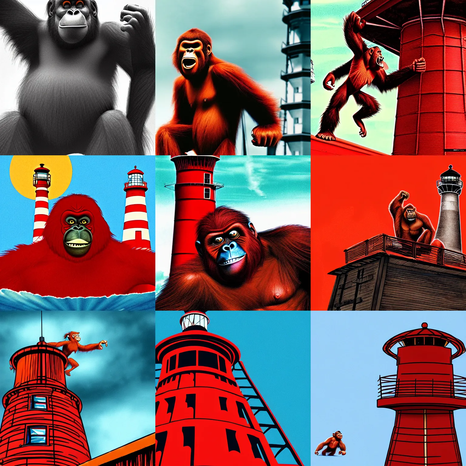 Prompt: red orangutan as kingkong raging stand on the top roof of unstable lighthouse building, movie screenshot, wallpaper, kingkong movie 1 9 3 3, colorfull, realistic, pixar, hardmesh, sharp, black pen drawn edges