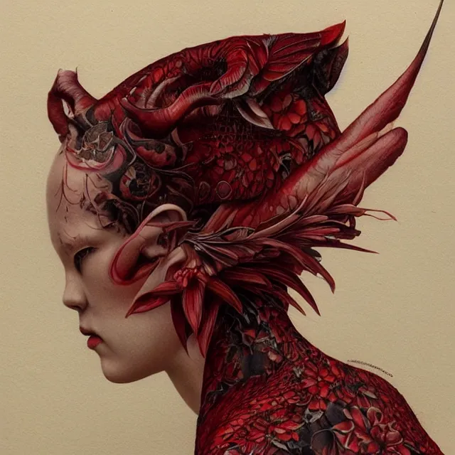 Image similar to ultra realistic illustration, beautiful woman dressed in red kimono, backview, tattoos, in the style of gerald brom by weta digital and beth cavener, high face symmetry, intricate, masterpiece, award winning, high face symmetry, intricate