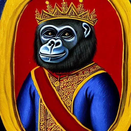 Image similar to medieval royal painting of a regal gorilla wearing a crown, 4 k, high resolution, still, landscape, hd, dslr, hyper realistic