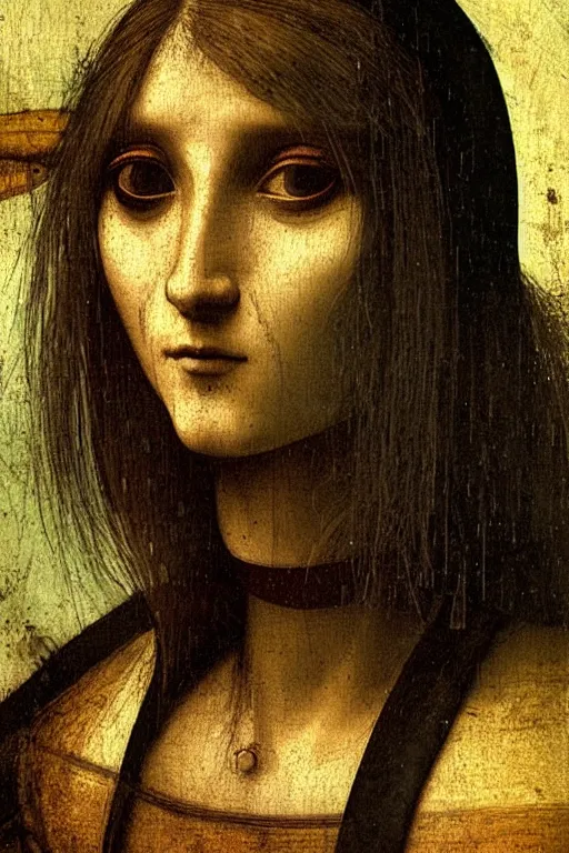 Image similar to a close - up portrait of a cyberpunk cyborg girl, by leonardo davinci, rule of thirds