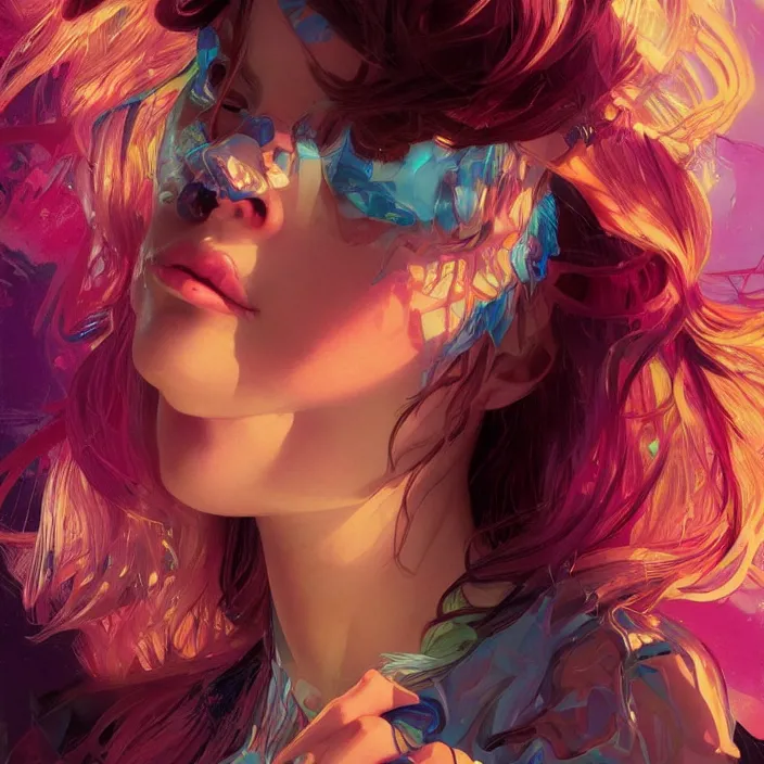 Prompt: young woman, gorgeous face, vaporwave aesthetic, synthwave, colorful, psychedelic, broken, shattered, beaten, sadness, crying, tears, artstation, concept art, smooth, extremely sharp detail, finely tuned detail, 8 k, ultra sharp focus, illustration, art by artgerm and greg rutkowski and alphonse mucha