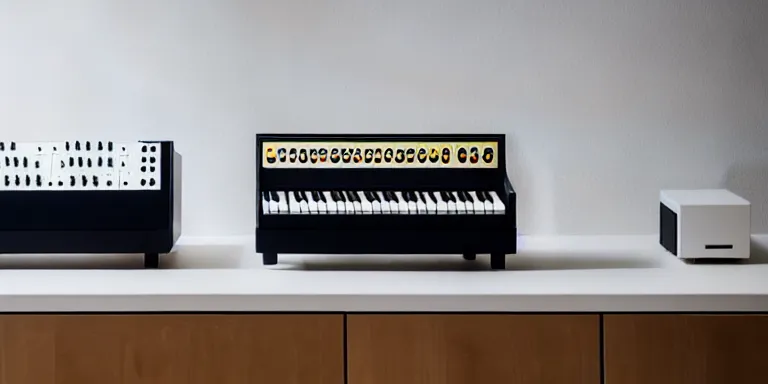 Prompt: dezeen showroom , minimalissimo, archdaily, ignant, teenage engineering moad, mother of all decks, product design concept, product shot of moog melotron synthesizer made by jony ives , dieter rams, 8k, high detailed photo