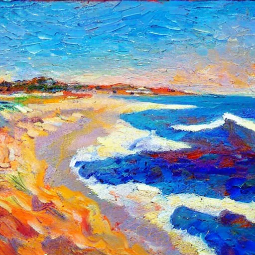 Prompt: a beach in western australia, modern, impressionist, highly textured landscape, palette knife, layered, sculptured, dynamic, oil on canvas