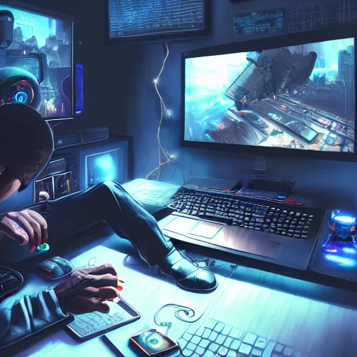 Image similar to realistic man using laptop in gaming room, artstation trends, cyberpunk concept art, highly detailed, intricate, sharp focus, digital art, 8 k