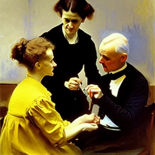 Prompt: marie curie getting vaccinated, painting by john singer sargent, oil on canvas