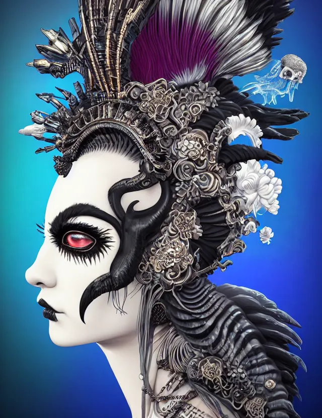 Image similar to 3 d goddess close - up profile portrait punk with mohawk in victorian style with ram skull. beautiful intricately detailed japanese crow kitsune mask and clasical japanese kimono. betta fish, jellyfish phoenix, bio luminescent, plasma, ice, water, wind, creature, artwork by tooth wu and wlop and beeple and greg rutkowski