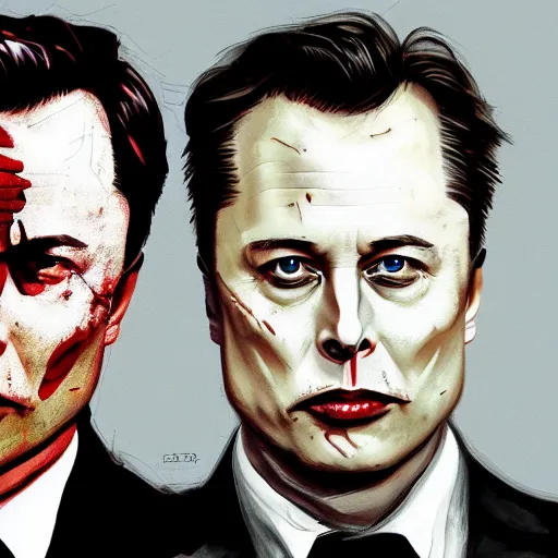 Prompt: Elon Musk as Two Face Harvey Dent in Christopher Nolan's The Dark Knight, cinematic movie poster, elegant, intricate, headshot, highly detailed, digital painting, artstation, concept art, sharp focus, illustration,