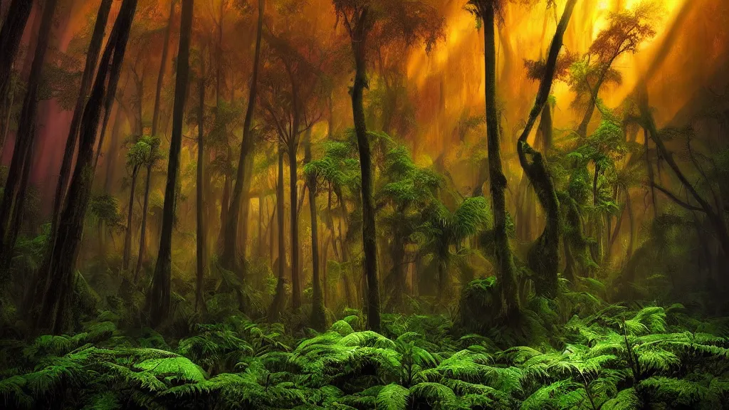 Image similar to amazing landscape photo of a tropical forest by marc adamus, beautiful dramatic lighting