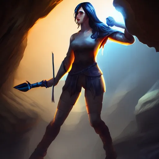 Image similar to a epic hero adventurer holding a torch in a dark cave, artgerm, realistic, cryengine, symmetric