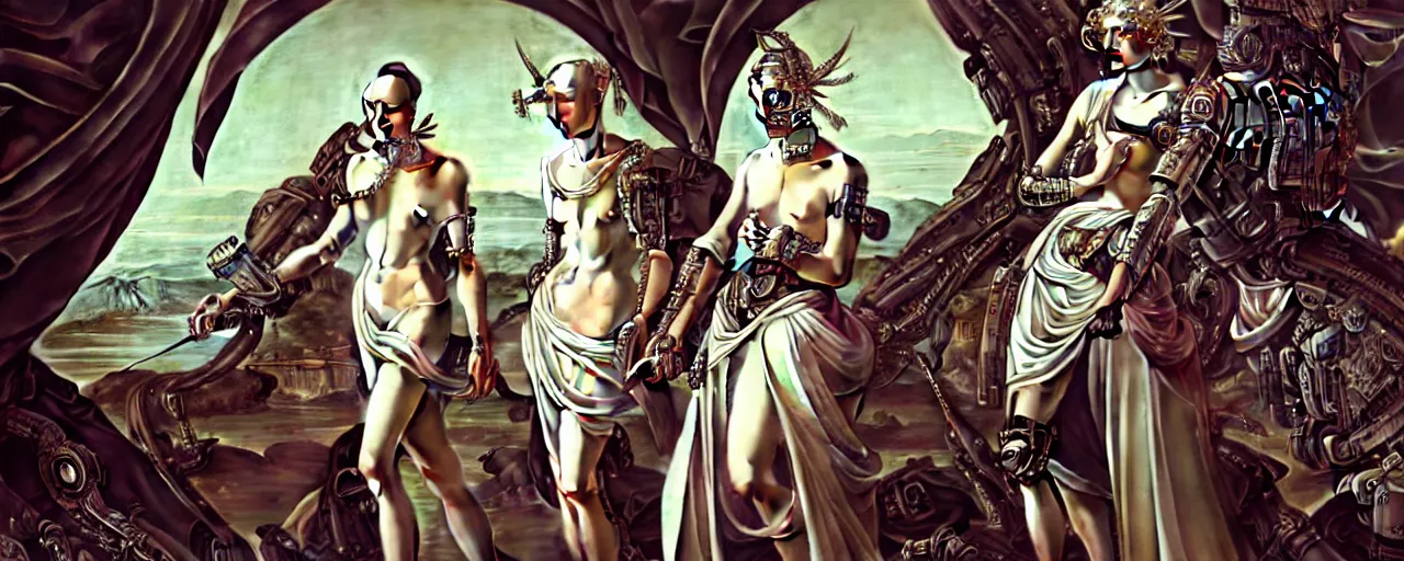 Image similar to minimalist hyperdetailed photorealistic elaborate cyborgs with elegant maximalist baroque cloths. portrayed in a wide beautiful natural landscape. in the style of Caravaggio, with liberty cyberpunk and extremely intricate flemish baroque mixed media elements. beautiful! cinematic accurate hyperrealistic soft pastel tones. matte background HD 8x