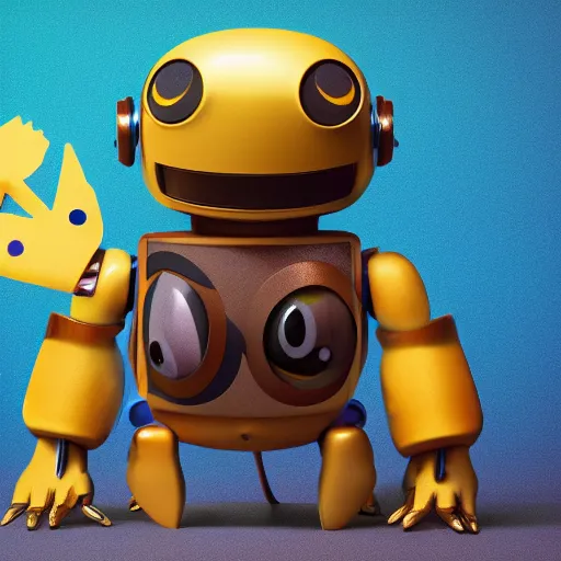 Image similar to a small chubby bot, colourful, smooth panelling, one large gold eye intricate detail, style of pokemon, with damaged rusty arms, broken antenna, recycled, floating, white studio, oil, mechanical, cute toy, ambient light, in the style of pixar animation, pokedstudios, blender, octane render, 8 k,