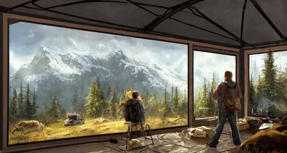 Image similar to cabela's beautiful comfortable carbon framed, modular insulated wall portable container home kit - house all weather family dwelling tent house, person in foreground, mountainous forested wilderness open fields, beautiful views, painterly concept art, environmental concept art, concept art illustration, by james gurney, by craig mullins, by greg rutkowski trending on artstation