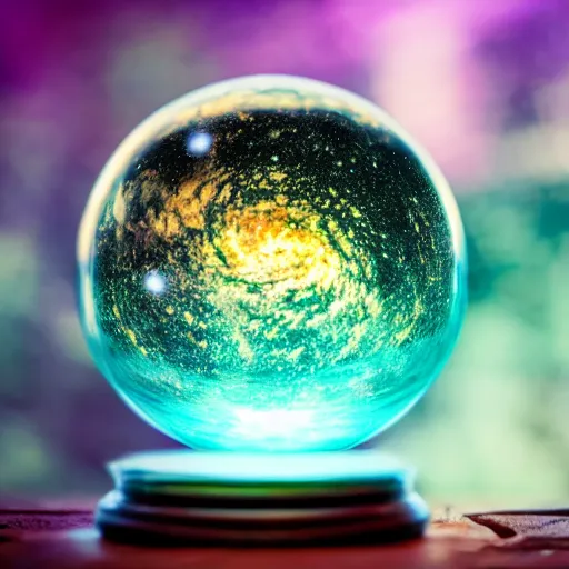 Image similar to a whole universe inside a cosmic crystal ball standing on a mahogany stand on a table in a secret magical forest. Highly detailed, cinematic quality, 8k