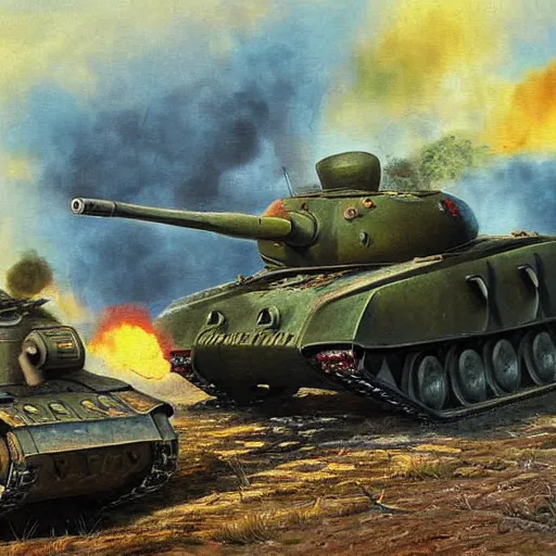 Prompt: soviet tank attack, battle painting by Mikhail Avilov