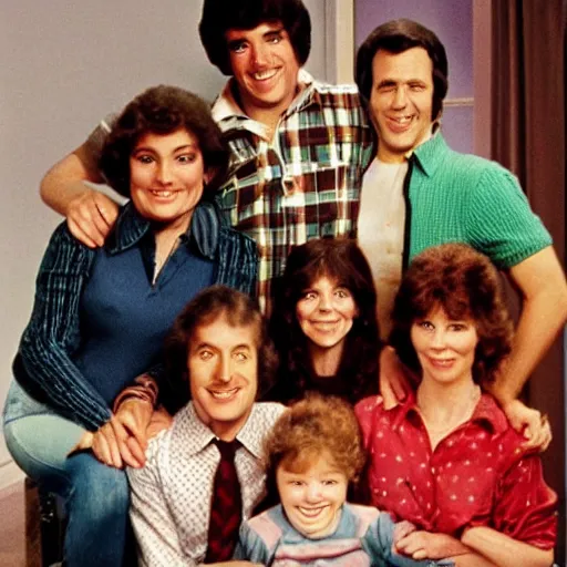 Image similar to vintage 1 9 8 0's sitcom, a happy photogenic family and a large giant evil wet slimy detailed monstrous demon creature inside a 1 9 8 0's sitcom living room