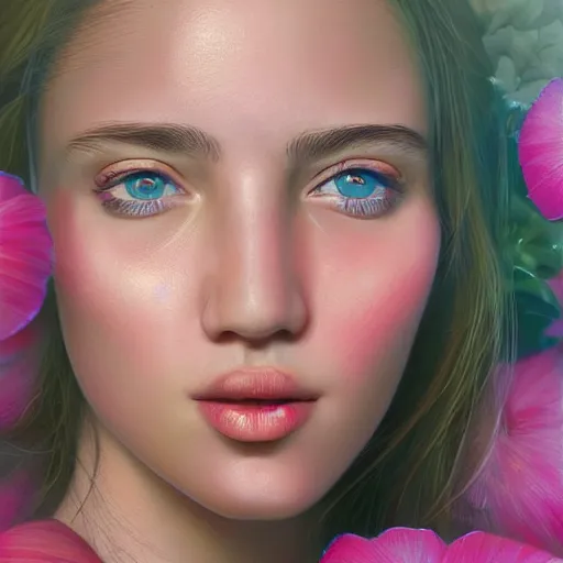 Prompt: flower pedals face hyperrealistic portrait, photo realistic, poster, artstation, volumetric lighting, digital art, very detailed face by magali villeneuve