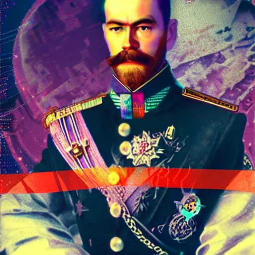 Image similar to Nicholas II of Russia, cyberpunk, synthwave, glitch, digital art, detailed, photo realistic