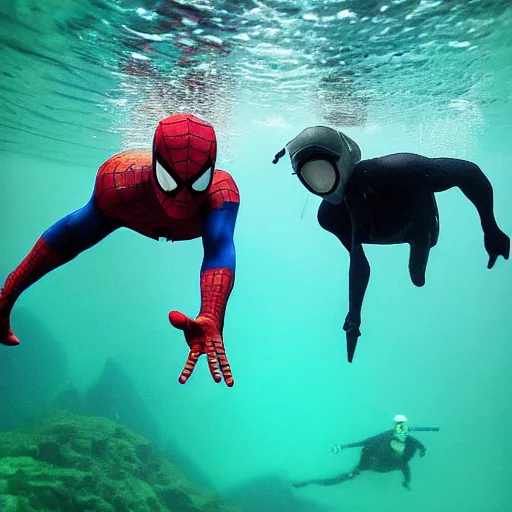 Prompt: two spiderman freediving underwater