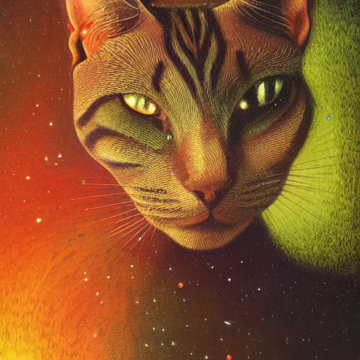 Image similar to psychedelic amber eyes cat eyes lush pine forest, outer space, milky way, designed by arnold bocklin, jules bastien - lepage, tarsila do amaral, wayne barlowe and gustave baumann, cheval michael, trending on artstation, star, sharp focus, colorful refracted sparkles and lines, soft light, 8 k 4 k