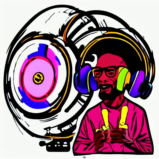 Image similar to svg sticker of a Dancing-Ben-Harper-Snoop-Spike-Lee-with-a-large-Afro-Puff, at a rave, spinning records, giant headphones rocking out, wearing headphones, huge speakers, dancing, rave, DJ, spinning records, digital art, amazing composition, rule-of-thirds, award-winning, trending on artstation, featured on deviantart