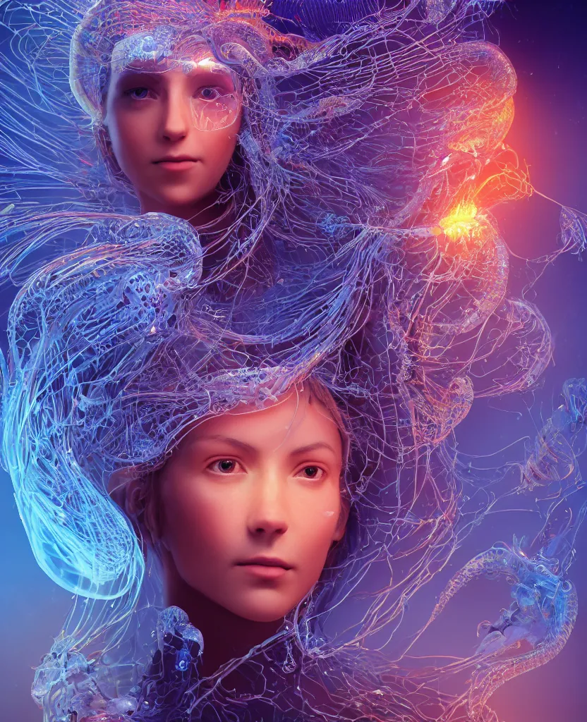 Image similar to close-up macro portrait of the face of a beautiful princess, epic angle and pose, symmetrical artwork, 3d with depth of field, blurred background, cybernetic jellyfish female face skull phoenix bird, translucent, nautilus, energy flows of water and fire. a highly detailed epic cinematic concept art CG render. made in Maya, Blender and Photoshop, octane render, excellent composition, cinematic dystopian brutalist atmosphere, dynamic dramatic cinematic lighting, aesthetic, very inspirational, arthouse. y Greg Rutkowski, Ilya Kuvshinov, WLOP, Stanley Artgerm Lau, Ruan Jia and Fenghua Zhong