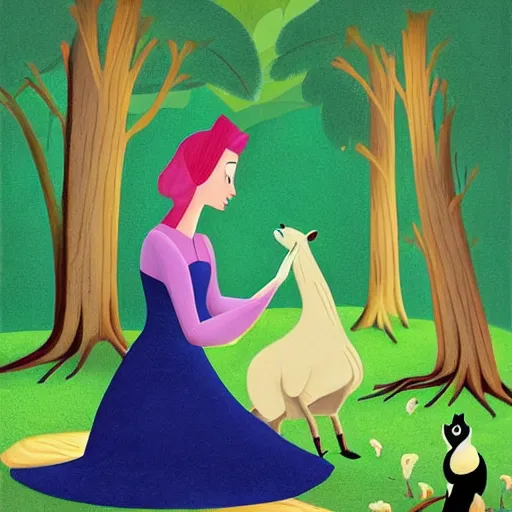 Image similar to offhand, dull by debbie criswell. a beautiful illustration of princess aurora singing in the woods while surrounded by animals. she looks so peaceful & content in the company of the animals, & the colors are simply gorgeous.