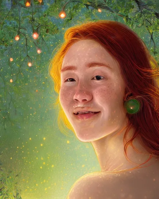 Prompt: a young woman, smiling, amazed by the lights of golden fireflies, sitting in the midst of nature fully covered, long loose red hair, intricate linework, dreamy green eyes, small nose with freckles, oval shape face, realistic, expressive emotions, dramatic lights, spiritual scene, hyper realistic ultrafine digital art by james jean and albert bierstadt