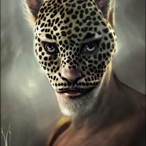 Prompt: Warlock with leopard traits. Character portrait, face close-up, of an anthro leopard warlock in the style of Bastien Lecouffe-Deharme