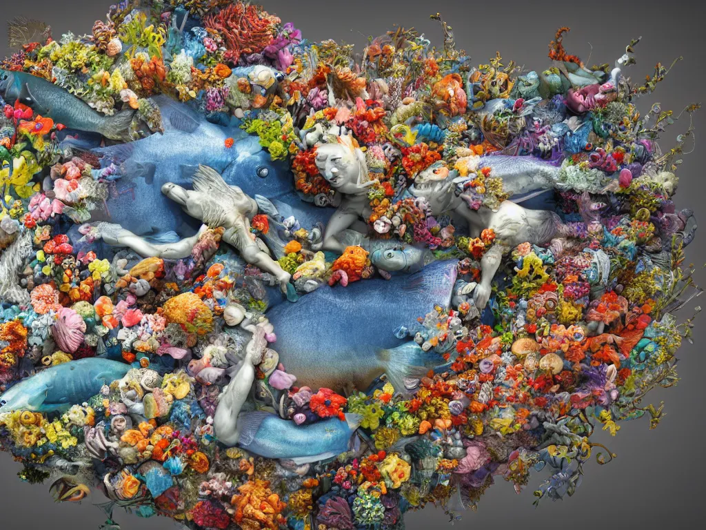 Image similar to a sculpture of fish ocean intertwined, a lovely cornucopia of flowers and human body parts, body parts, highly detailed, octane render, cinematic, shock, sharp focus, annular