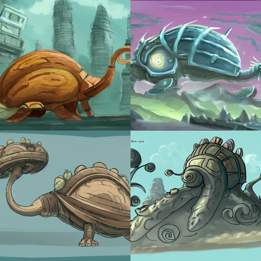 Prompt: concept art of a gigantic snail creature with a city built into its shell