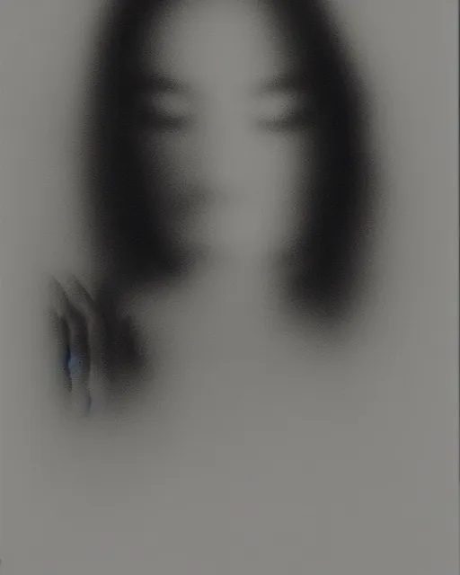 Image similar to photorealism, polaroid, black and white, female silhouette, correct facial features, black veil, noise, out of focus, long exposure