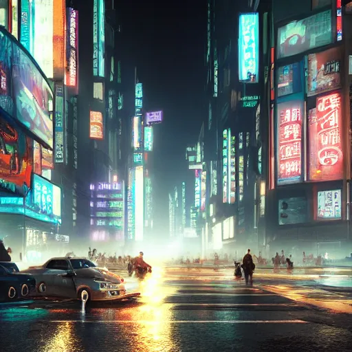 Prompt: cyberpunk city at night with people in the street, foggy, by feng zhu, concept art, Tokyo, detailed, hyper realistic, unreal engine, cgsociety, artstation,