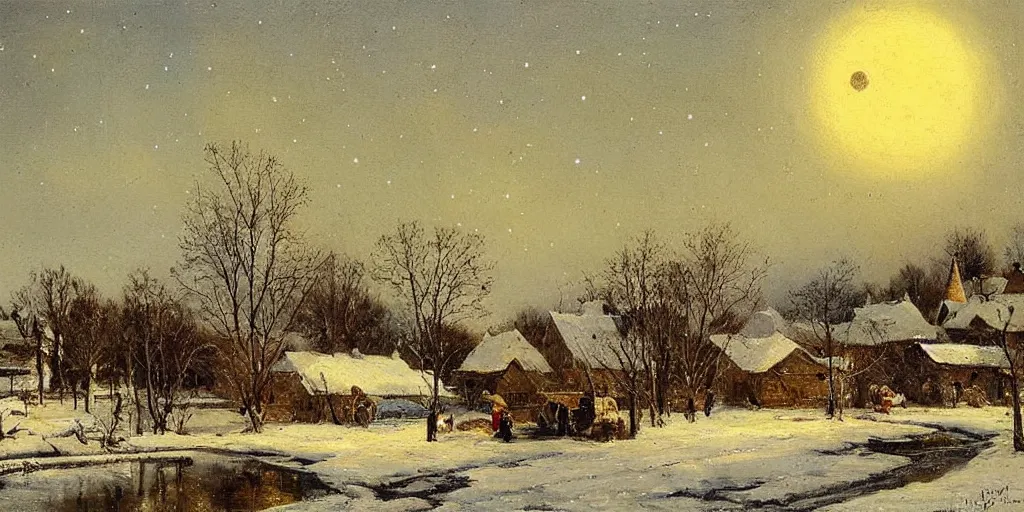 Image similar to a scene of a small rural russian village at night, stars, moon, wintertime, painting by nikolay makovsky