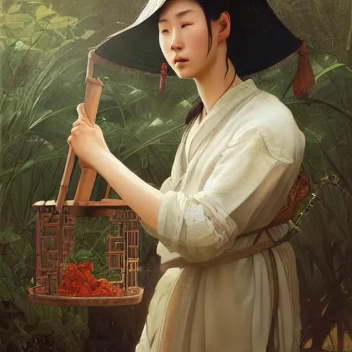 Image similar to 12th century Chinese farmer, highly detailed, digital painting, cgsociety, concept art, sharp focus, illustration, art by artgerm and greg rutkowski and alphonse mucha