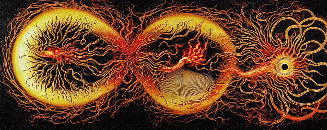 Image similar to a strange fire creature with endearing eyes radiates a unique canto'as above so below'while being ignited by the spirit of haeckel and robert fludd, breakthrough is iminent, glory be to the magic within, in honor of saturn, painted by ronny khalil