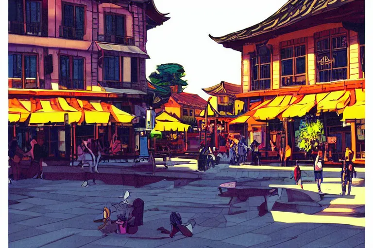 Prompt: townsquare in a sunny day, artwork by tooth wu, colorful high contrast, very coherent, dark shadow, thick lineart
