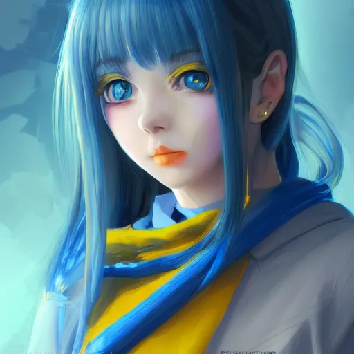 Image similar to a portrait of anime ukrainian blue and yellow girl, concept art, trending on artstation, highly detailed, intricate, sharp focus, digital art, 8 k